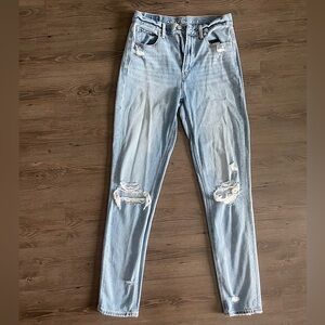 American Eagle Mom Jeans Light Wash with Rips - Size 2 X-LONG